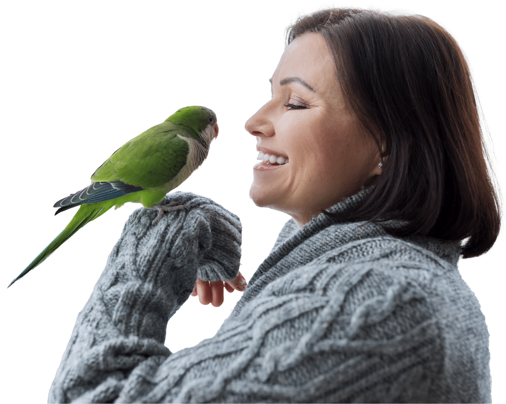 Mönchsittich-Papageientraining Mönchsittich und Vogelhalterin Papageientraining